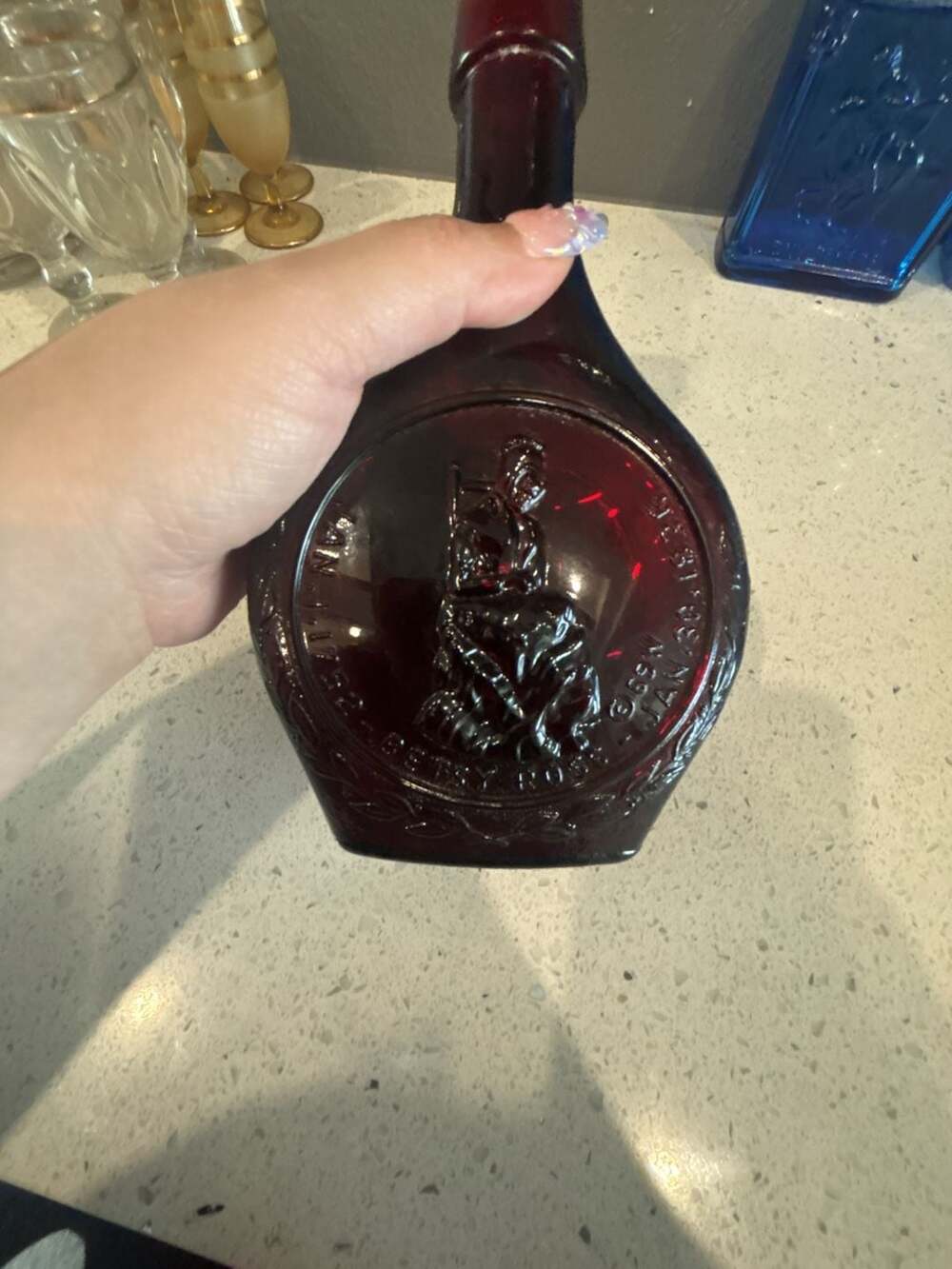 Vintage Wheaton Betsy Ross Ruby Red Glass Embossed Decanter Great American